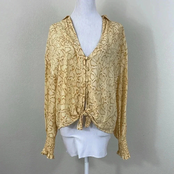 Faithfull the brand yellow snake print tie front long sleeve blouse size 4 - Picture 1 of 9